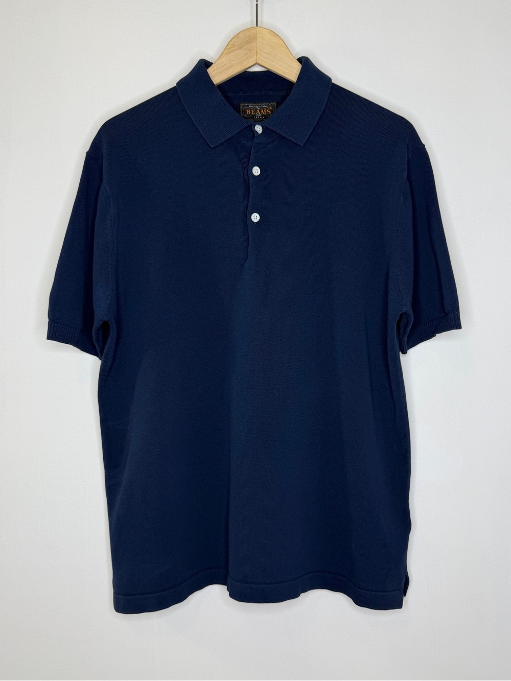 Beams Plus Cotton Short Sleeve Knit Polo Shirt Mens Large Navy Blue Japan Casual